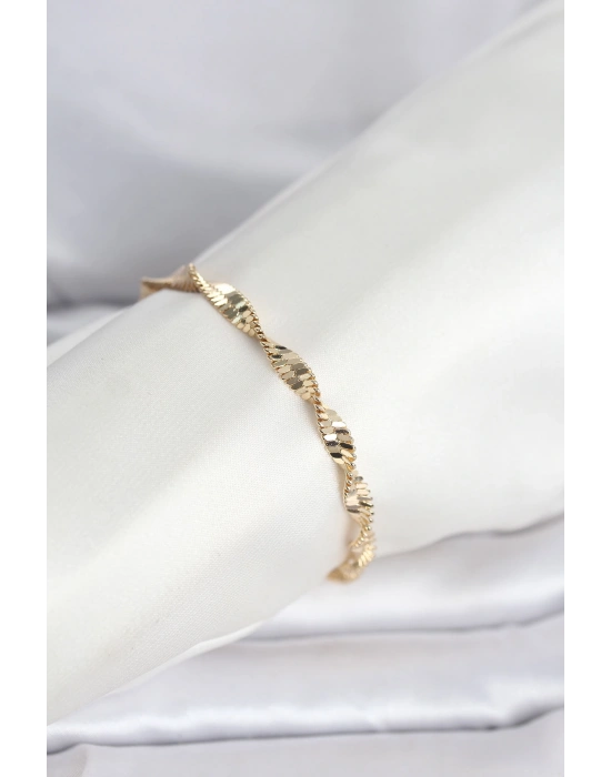 MuI MuI CM 14K Gold Renk Zincir Kalın Yassı Ezme Burgu Model Kadın Bileklik