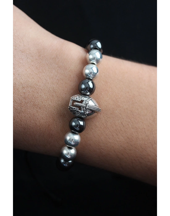 MuI MuI Doğal Taş Gladyatör Model Gümüş Ve Füme Renk Asansörlü Erkek Bileklik