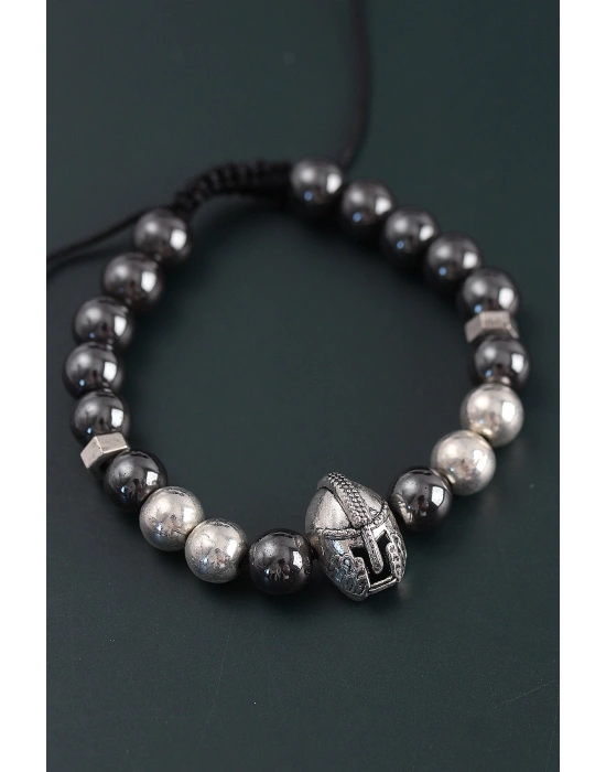 MuI MuI Doğal Taş Gladyatör Model Gümüş Ve Füme Renk Asansörlü Erkek Bileklik