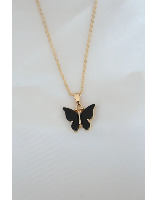 MuI MuI Gold Kaplama Siyah Renkli Sedefli Kelebek Kolye
