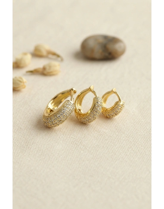 MuI MuI Gold Renk 3 lü Zirkon Taşlı Halka Küpe Set