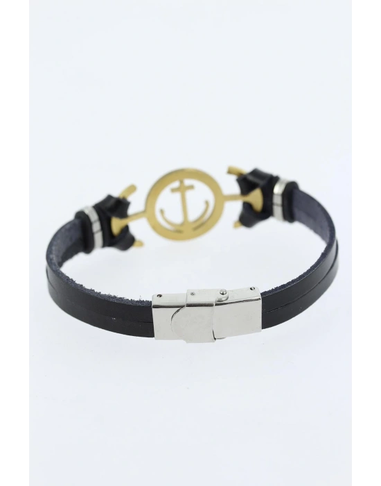 MuI MuI Gold Renk Deniz Çapası Figürlü Metal Aksesuarlı Siyah Renk Deri Erkek Bileklik