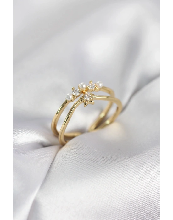 MuI MuI Goldfarbener Perlen-Stern-Ring mit Zirkonia-Stein für Damen