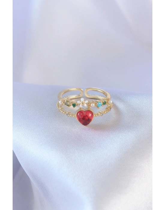 MuI MuI Gold Renk Kırmızı Zirkon Taş Kalp Model Pirinç Kadın Yüzük