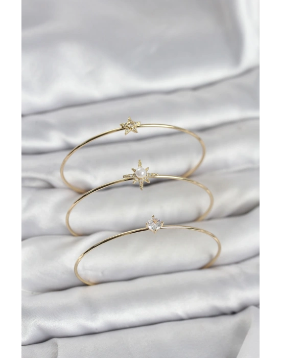 MuI MuI Gold Renk Kutup Yıldızı Model Zirkon Taşlı 3lü Kadın Bileklik Kombini