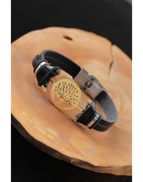 MuI MuI Gold Renk Metal Ağaçlı Tasarım Siyah Renk Deri Erkek Bileklik