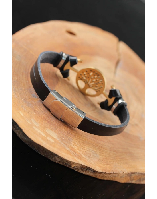 MuI MuI Gold Renk Metal Ağaçlı Tasarım Siyah Renk Deri Erkek Bileklik