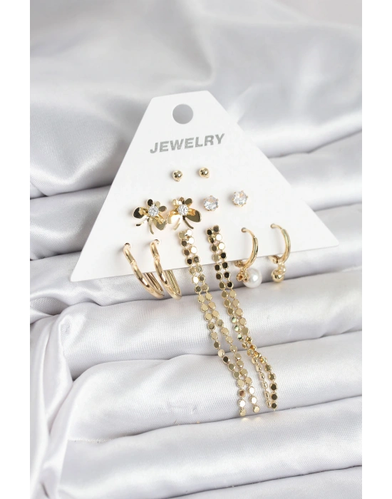 MuI MuI Gold Renk Pirinç 6lı Kadın Küpe Seti