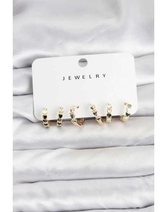 MuI MuI Gold Renk Pirinç Minimal Kalp Detaylı Kadın Küpe Seti