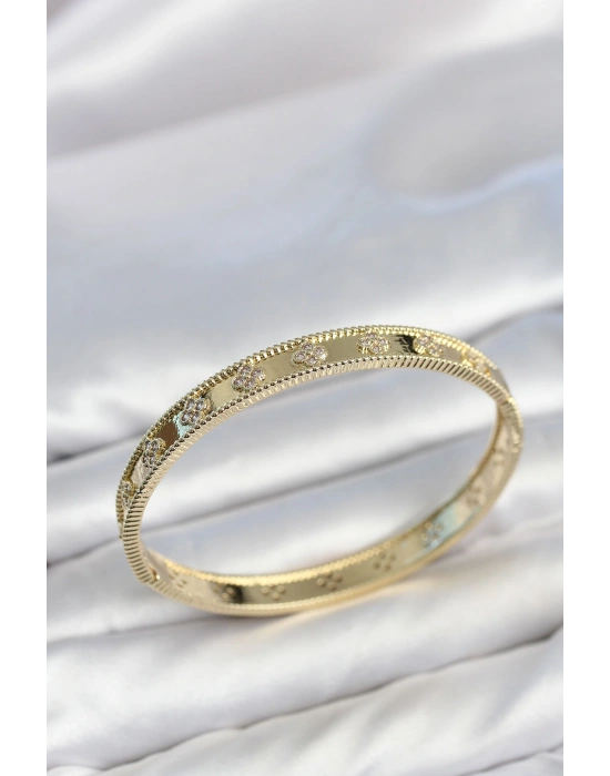 MuI MuI Gold Renk Pirinç Yonca Model Zirkon Taşlı Kadın Kelepçe Bileklik