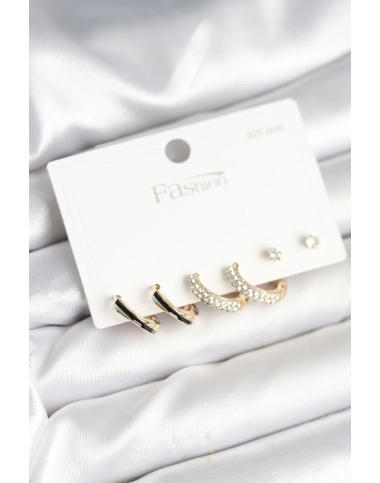 MuI MuI Gold Renk Pirinç Zirkon Taşlı 925 Ayar Gümüş Çivili Kadın Küpe Seti