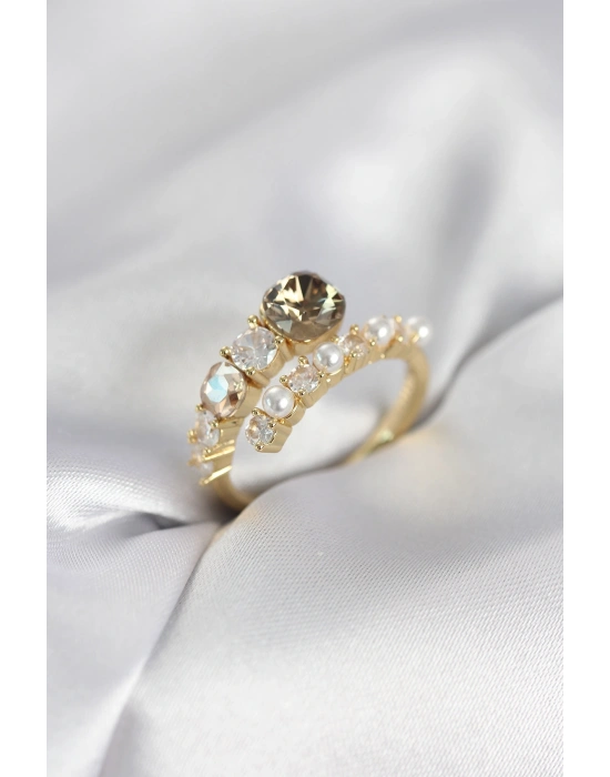 MuI MuI Goldfarbener Messingring mit Zirkonia und Perle für Damen