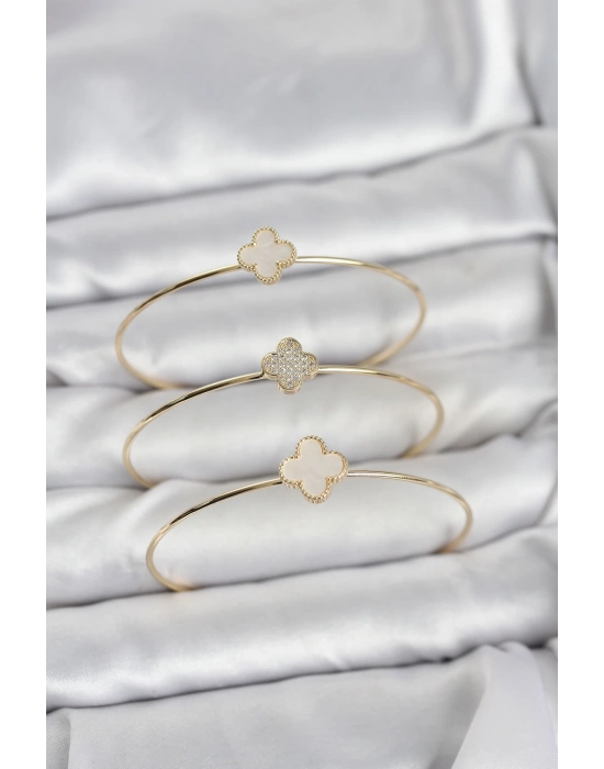 MuI MuI Gold Renk Yonca Model Zirkon Taşlı 3lü Kadın Bileklik Kombini