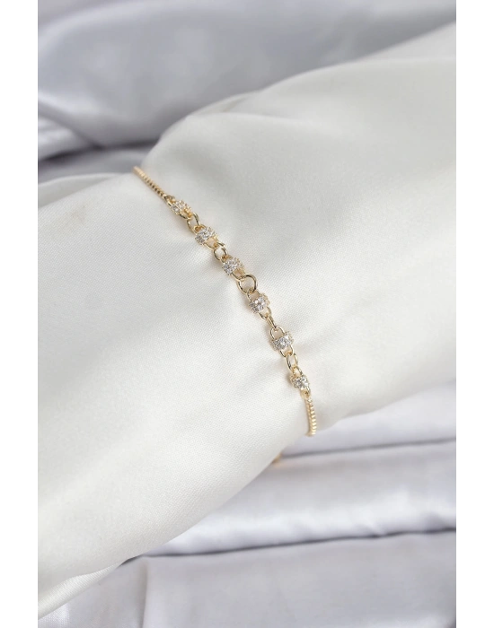 MuI MuI Gold Renk Zincir Model Zirkon Taşlı Pirinç Asansörlü Kadın Bileklik