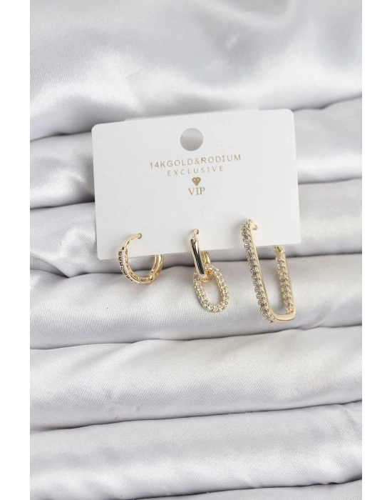 MuI MuI Gold Renk Zirkon Taşlı 3lü Kadın Küpe Seti