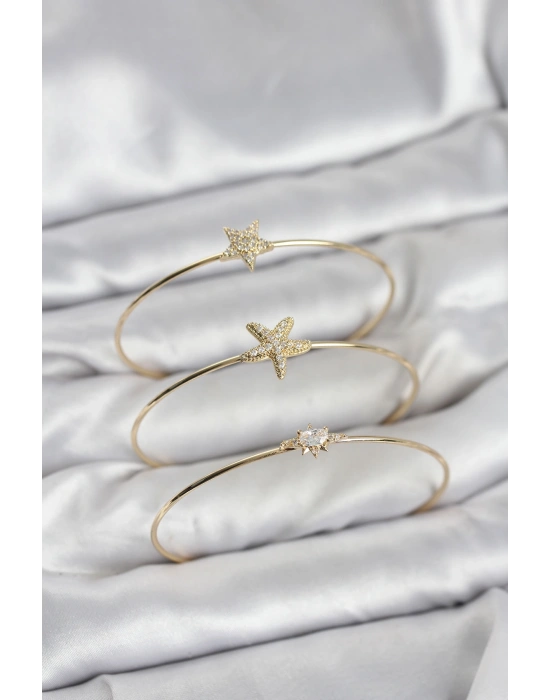 MuI MuI Gold Renk Zirkon Taşlı Deniz Yıldızı Model 3lü Kadın Bileklik Kombini
