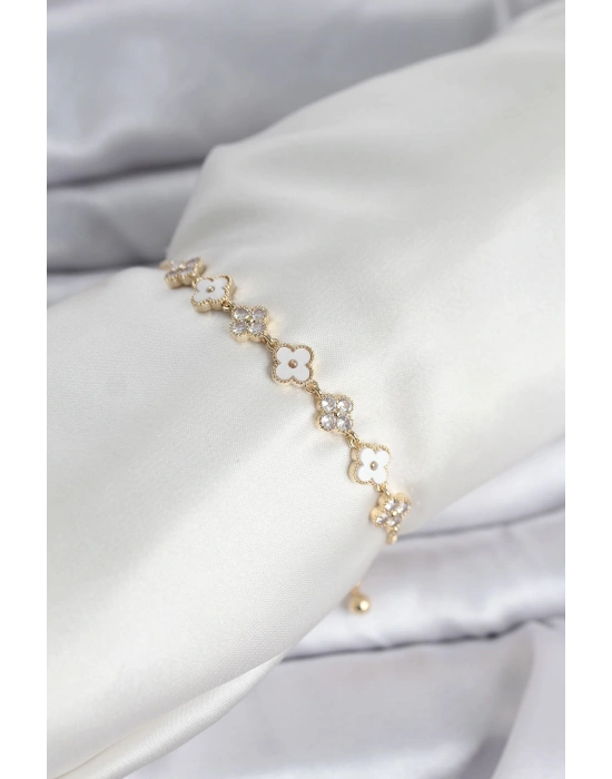 MuI MuI Gold Renk Zirkon Taşlı Sıralı Yonca Model Asansörlü Kadın Bileklik