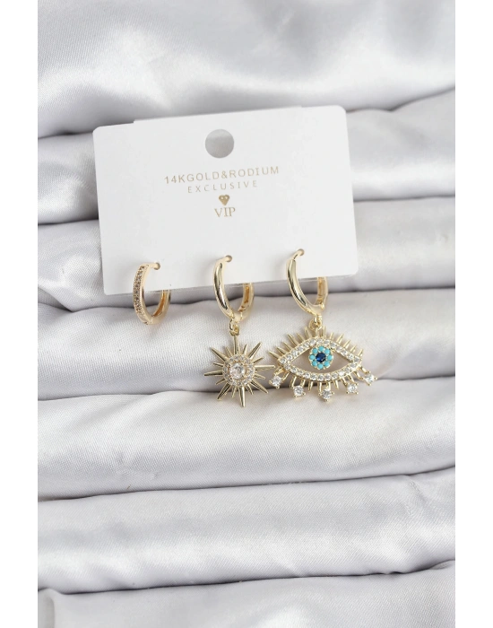 MuI MuI Göz Model Gold Renk Pirinç 3lü Kadın Küpe Seti