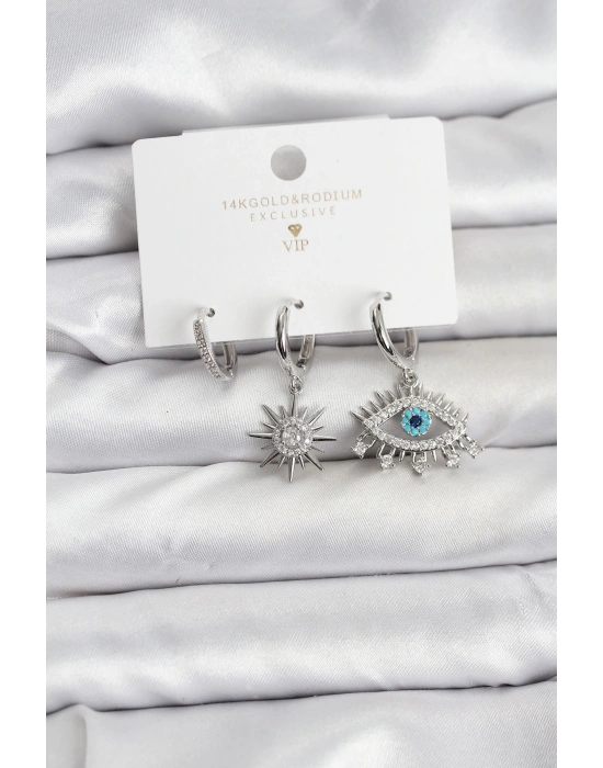 MuI MuI Göz Model Gümüş Renk Pirinç 3lü Kadın Küpe Seti