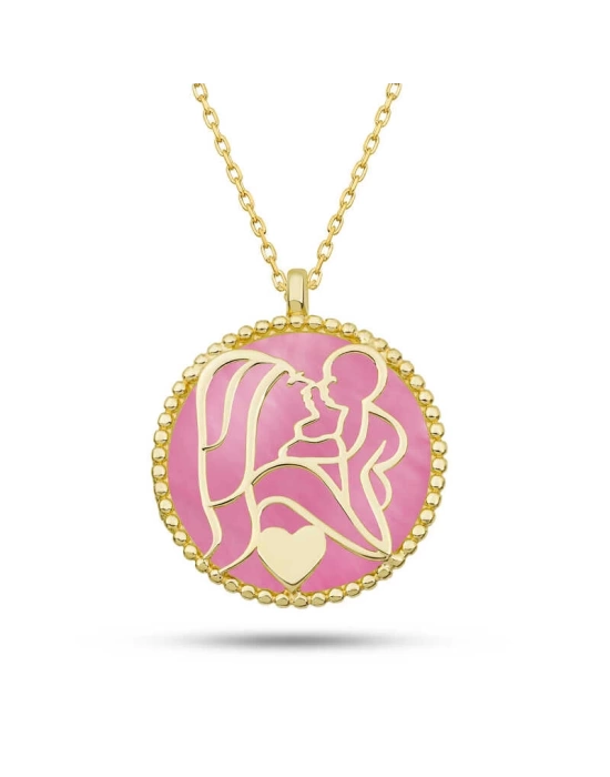 MuI MuI Gümüş Gold Pembe Sedef Taşlı Anne Çocuk Sevgisi Kolye