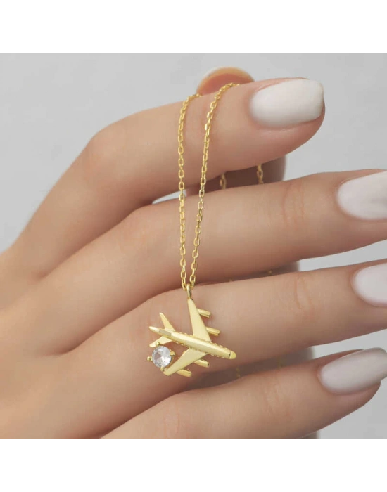 MuI MuI Gümüş Gold Tek Taşlı Uçak Kadın Kolye