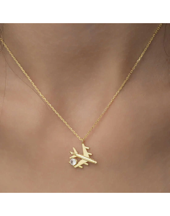 MuI MuI Gümüş Gold Tek Taşlı Uçak Kadın Kolye