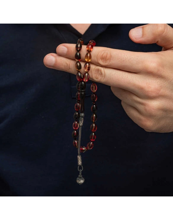 MuI MuI Gümüş Kazaz Püsküllü Sarı Siyah Kırmızı Sıkma Kehribar Tesbih