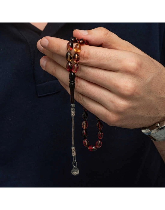 MuI MuI Gümüş Kazaz Püsküllü Sarı Siyah Kırmızı Sıkma Kehribar Tesbih