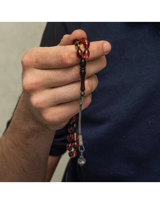 MuI MuI Gümüş Kazaz Püsküllü Sarı Siyah Kırmızı Sıkma Kehribar Tesbih