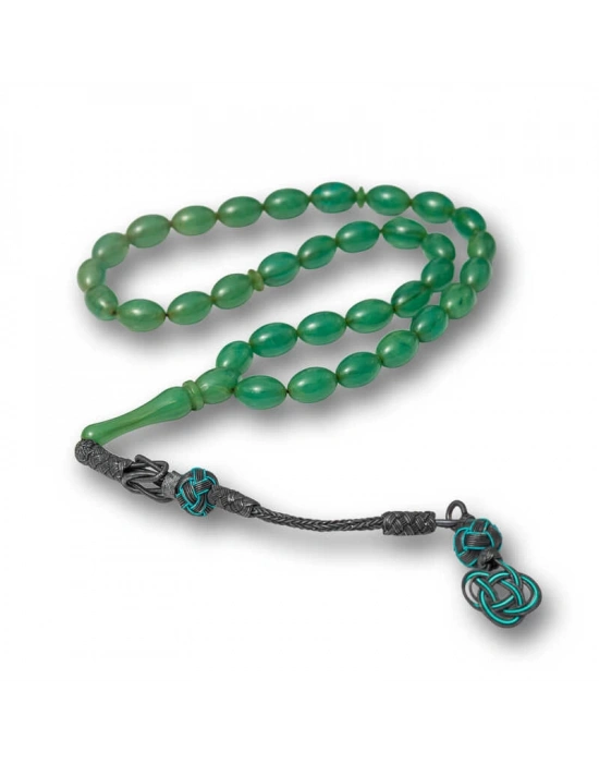 MuI MuI Gümüş Kazaz Püsküllü Yeşil Sıkma Kehribar Tesbih