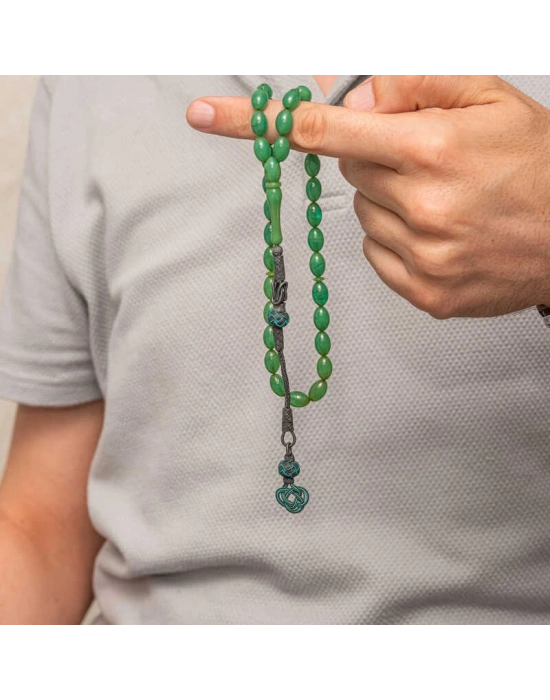 MuI MuI Gümüş Kazaz Püsküllü Yeşil Sıkma Kehribar Tesbih