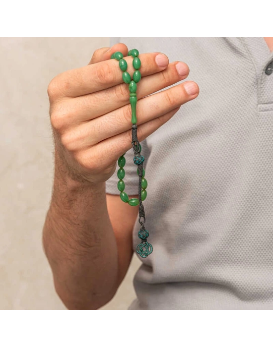 MuI MuI Gümüş Kazaz Püsküllü Yeşil Sıkma Kehribar Tesbih