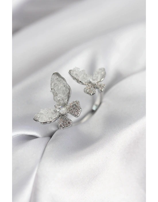 MuI MuI Silberfarbener Damenring „Weißes Schmetterlingsmodell“ mit Zirkonia-Steinen