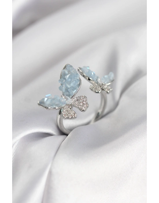 MuI MuI Silberfarbener Damenring mit blauem Schmetterlingsmotiv und Zirkonia-Steinen