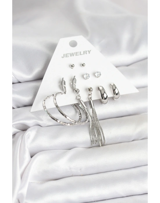 MuI MuI Gümüş Renk Pirinç 6 Çiftli Kadın Küpe Seti