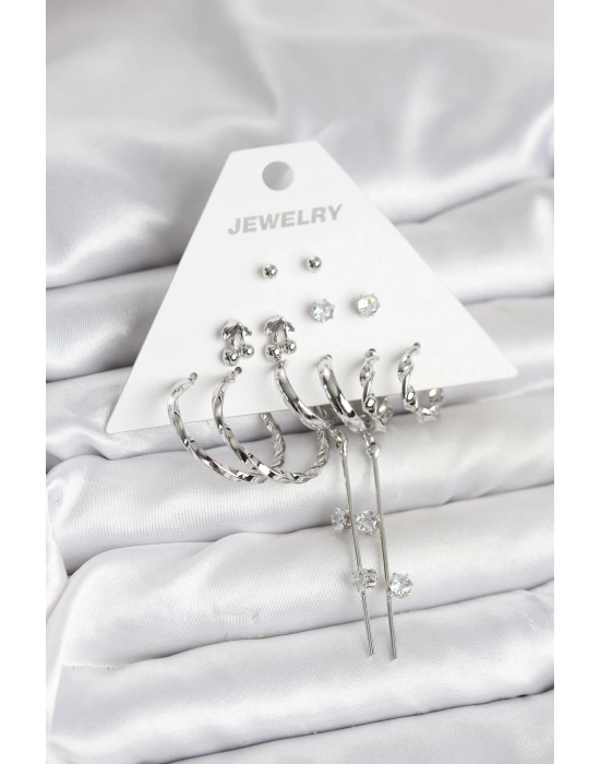 MuI MuI Gümüş Renk Pirinç 6lı Kadın Küpe Seti