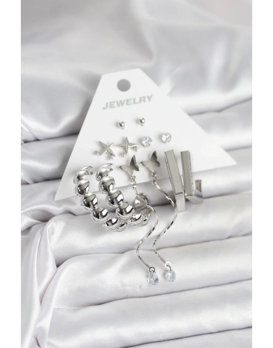 MuI MuI Gümüş Renk Pirinç 6lı Kadın Küpe Seti