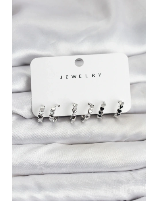 MuI MuI Gümüş Renk Pirinç Minimal Kalp Detaylı Kadın Küpe Seti