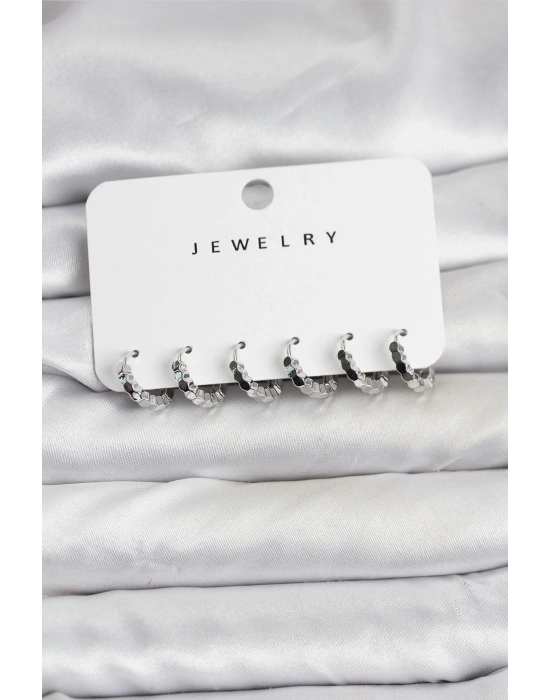 MuI MuI Gümüş Renk Pirinç Minimal Petek Detaylı Kadın Küpe Seti