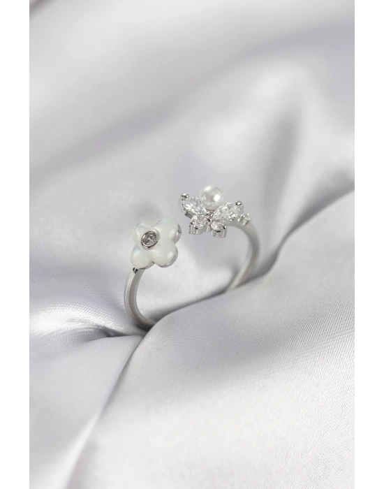 MuI MuI Silberfarbener Damenring mit Perlmuttblumenmuster