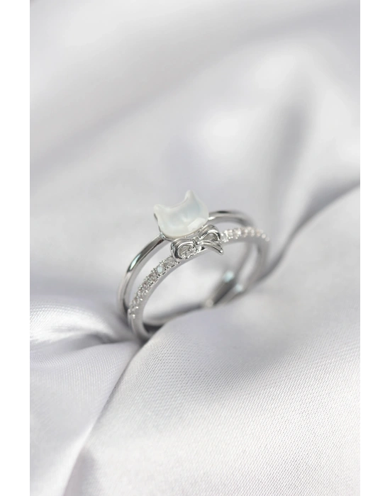 MuI MuI Silberfarbener Perlmutt-Katzenring mit Schleife und Zirkonia-Stein