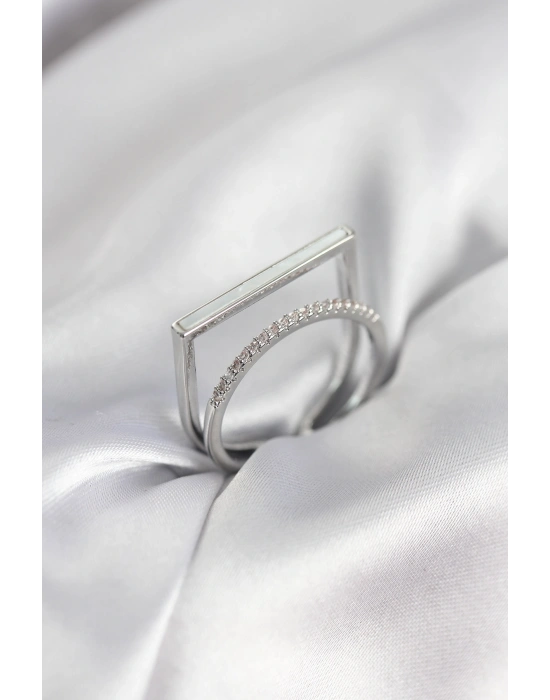 MuI MuI Silberfarbenes Perlmutt-Zirkon-Stein-Set, 2 Damenringe