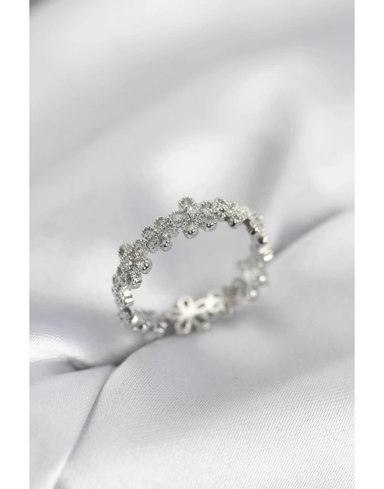 MuI MuI Silberfarbener Damenring mit Reihenblumenmuster und Zirkonsteinen