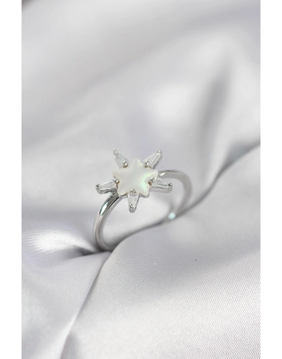 MuI MuI Silberfarbener Sternring für Damen mit Perlmutt- und Zirkonsteinen