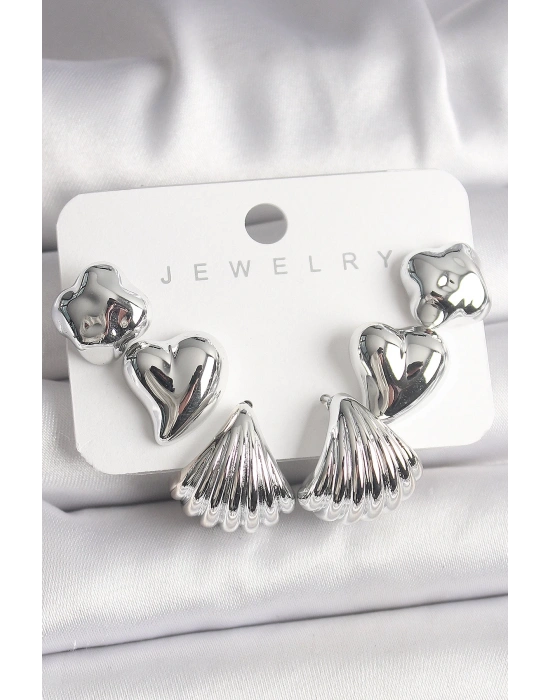 MuI MuI Gümüş Renk Yonca Kalp Deniz Kabuğu Figür CCB Kadın Küpe Seti