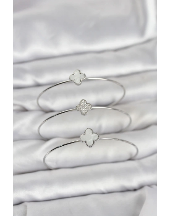 MuI MuI Gümüş Renk Yonca Model Zirkon Taşlı 3lü Kadın Bileklik Kombini