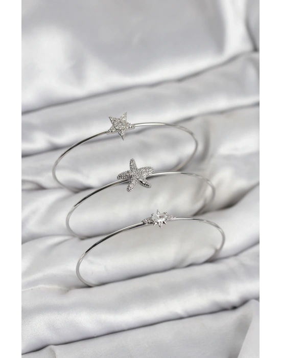 MuI MuI Gümüş Renk Zirkon Taşlı Deniz Yıldızı Model 3lü Kadın Bileklik Kombini