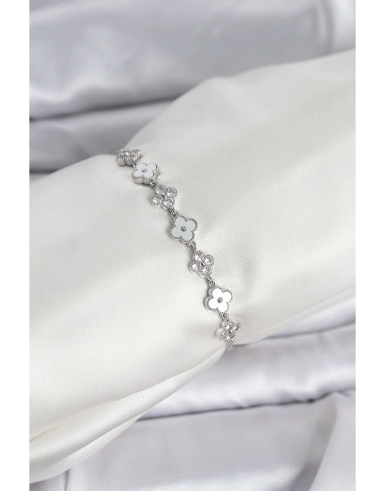 MuI MuI Gümüş Renk Zirkon Taşlı Sıralı Yonca Model Asansörlü Kadın Bileklik