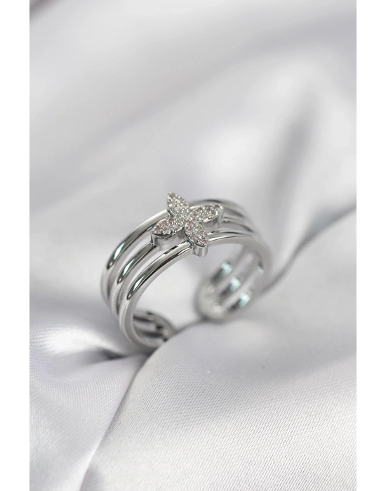 MuI MuI Silberfarbener Damenring mit Zirkonia-Stein und Kleeblatt-Motiv