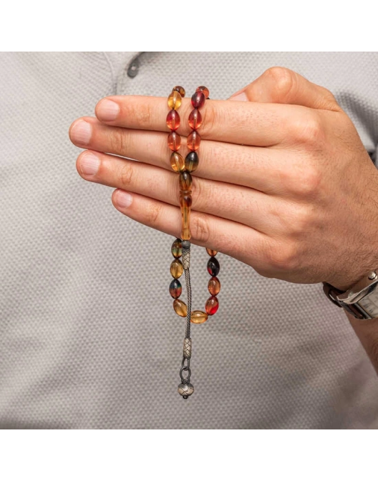 MuI MuI Gümüş Top Kazaz Püsküllü Sıkma Kehribar Tesbih